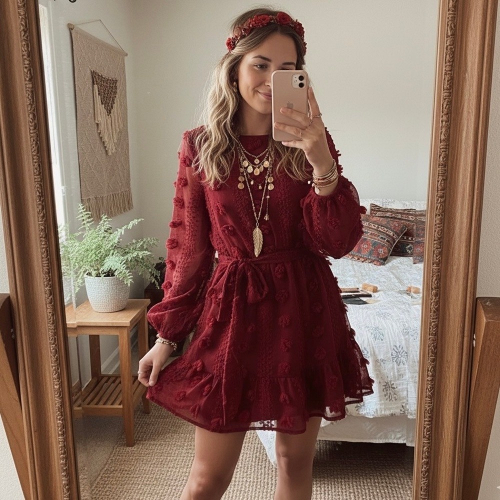 A Calin by Flying Tomato Burgundy Textured Pom Pom Long Sleeve Mini Dress S Boho